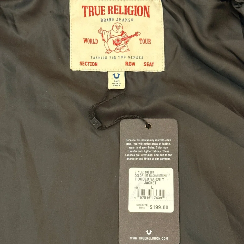 True Religion Mens NEW Varsity Jacket Jet Black White Letterman 108284 L